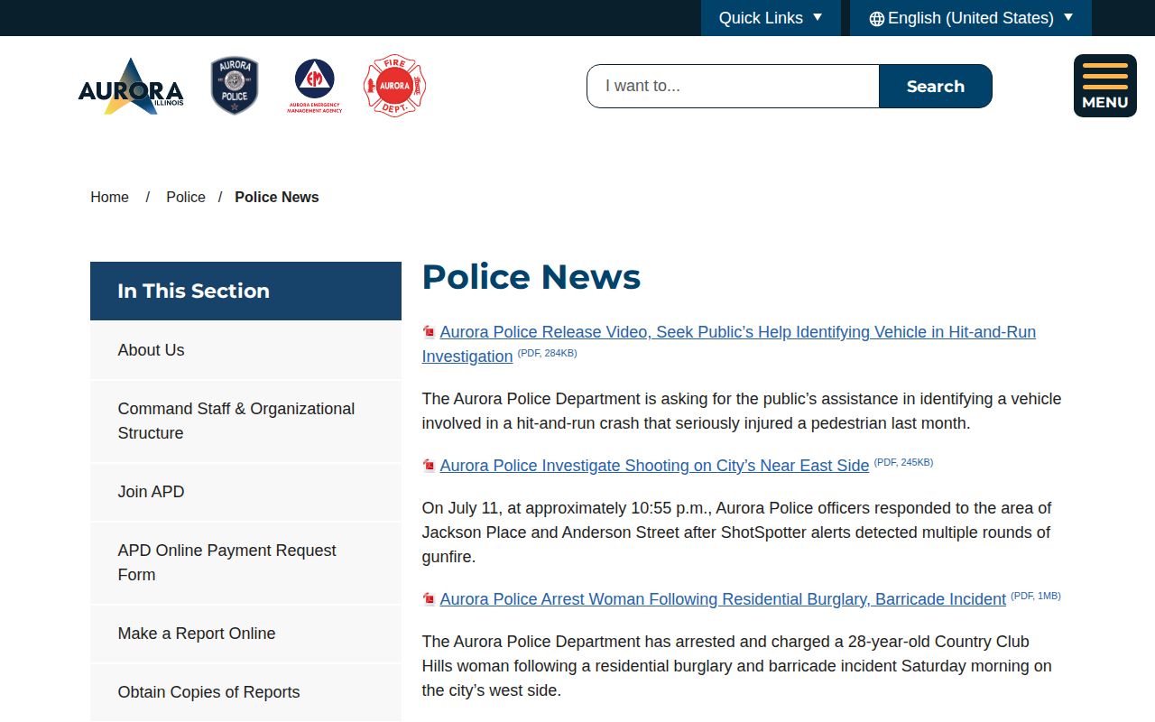 Aurora Police News archive with selected official release headlines