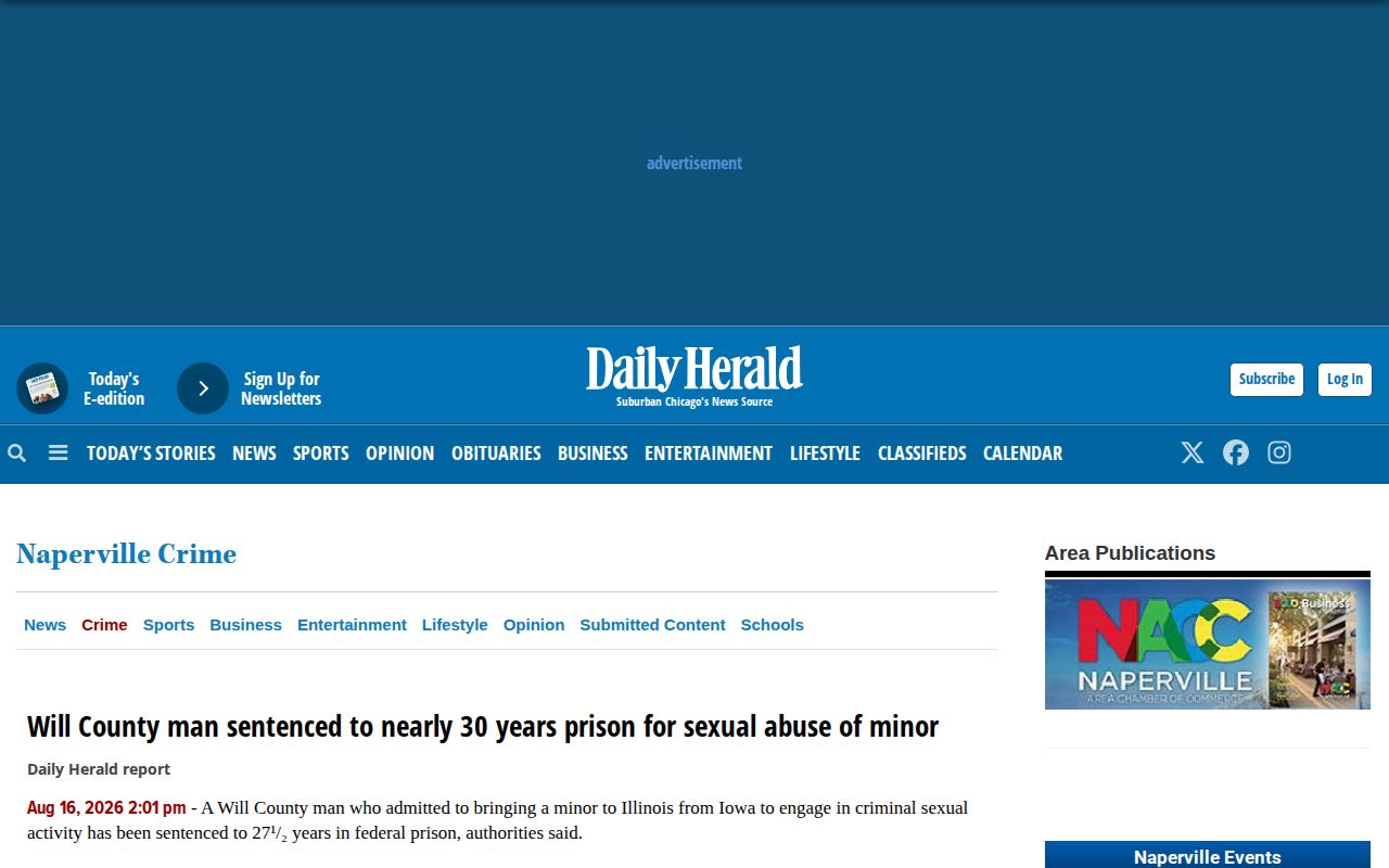 Daily Herald Naperville crime page showing DuPage County crime news and court coverage
