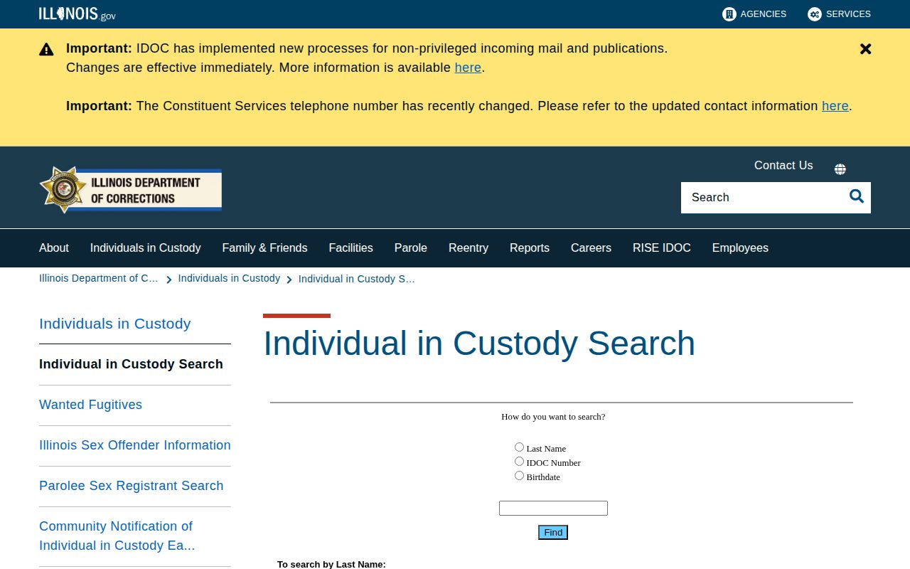 Illinois Department of Corrections individual in custody search options