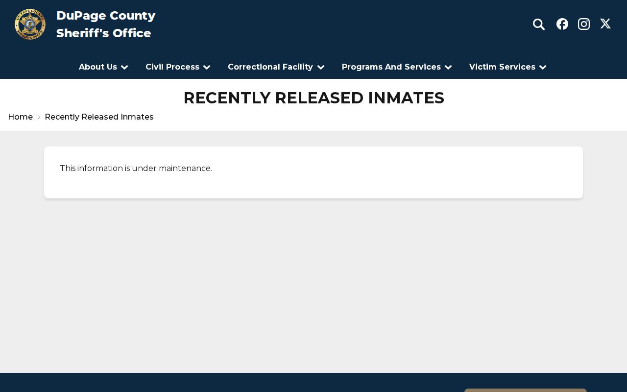 DuPage Sheriff recently released inmates page showing maintenance notice
