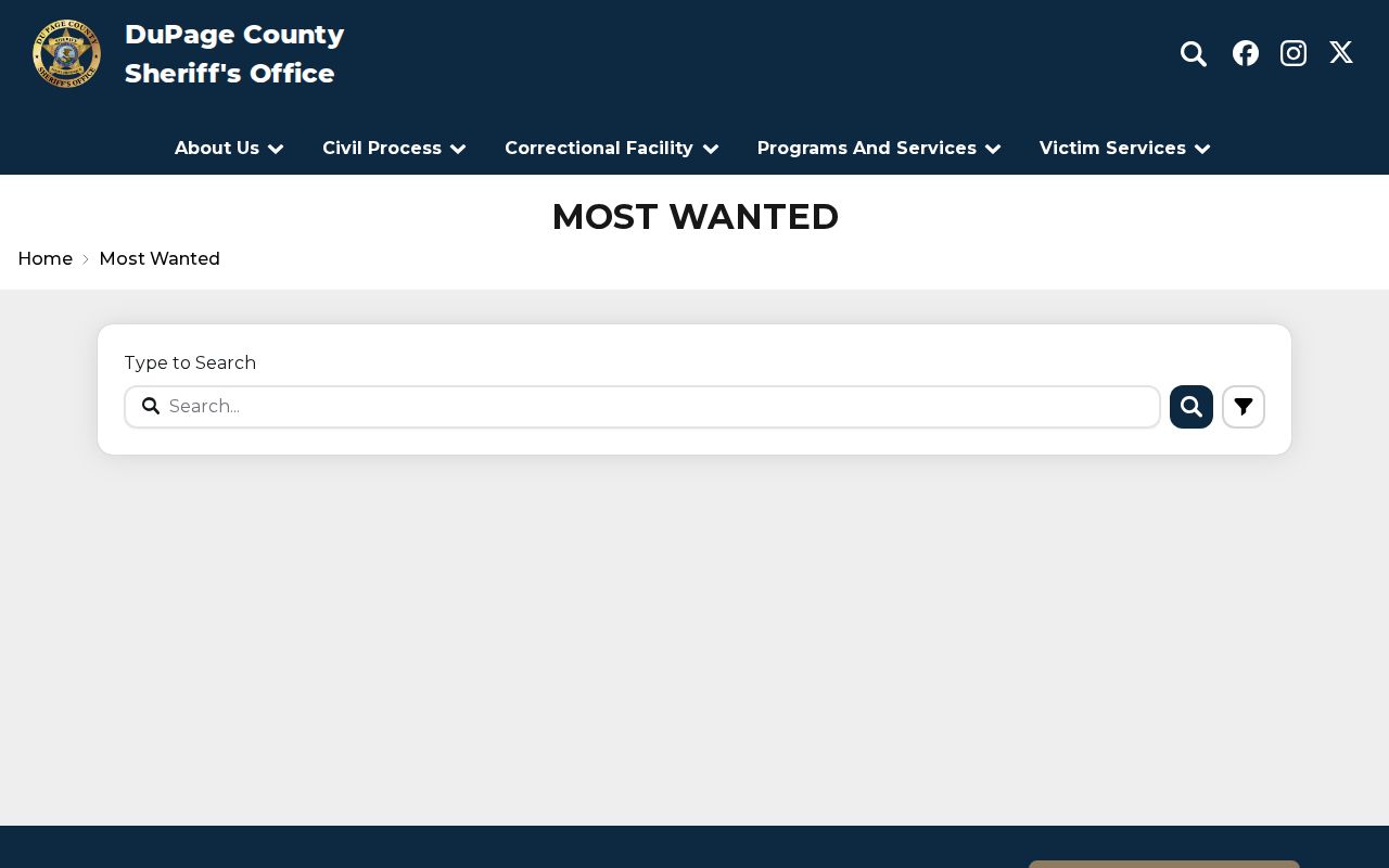 DuPage County Sheriff Most Wanted search interface showing an empty current result